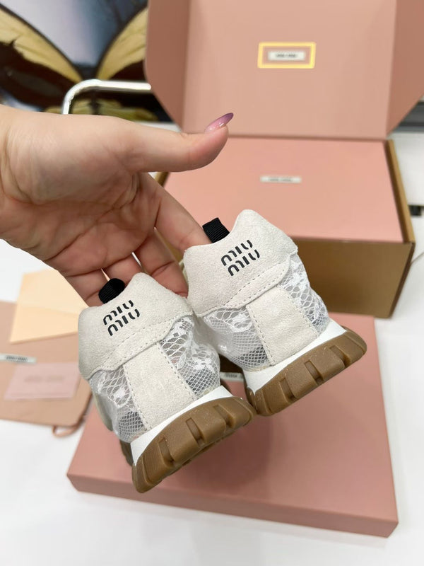 Miu Tyre Ballerina Shoes Beige Suede Lace 456345