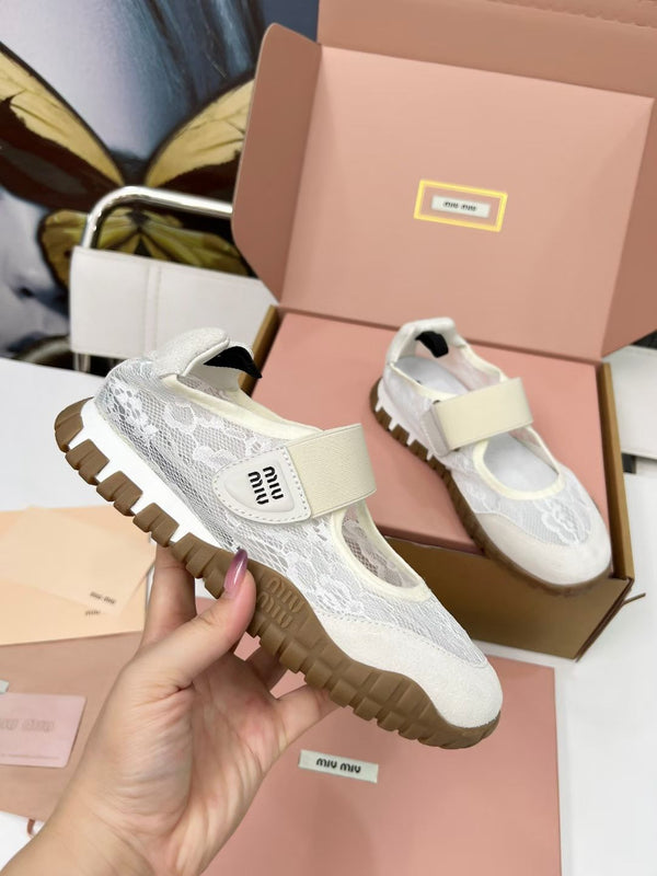 Miu Tyre Ballerina Shoes Beige Suede Lace 456345