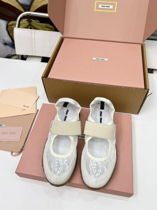 Miu Tyre Ballerina Shoes Beige Suede Lace 456345