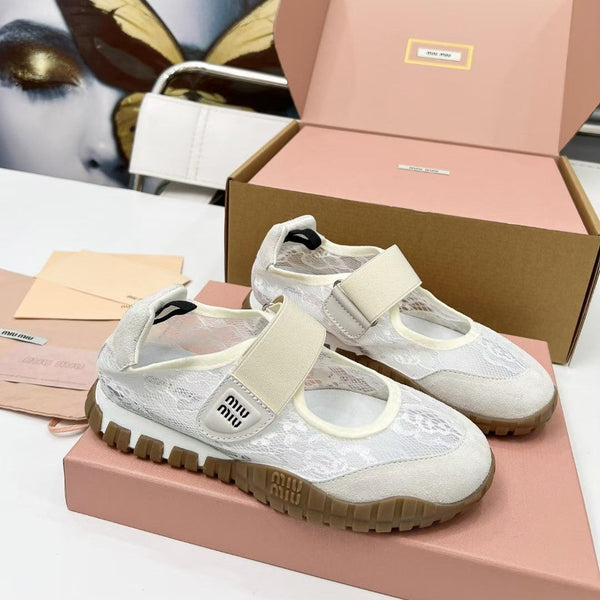 Miu Tyre Ballerina Shoes Beige Suede Lace 456345