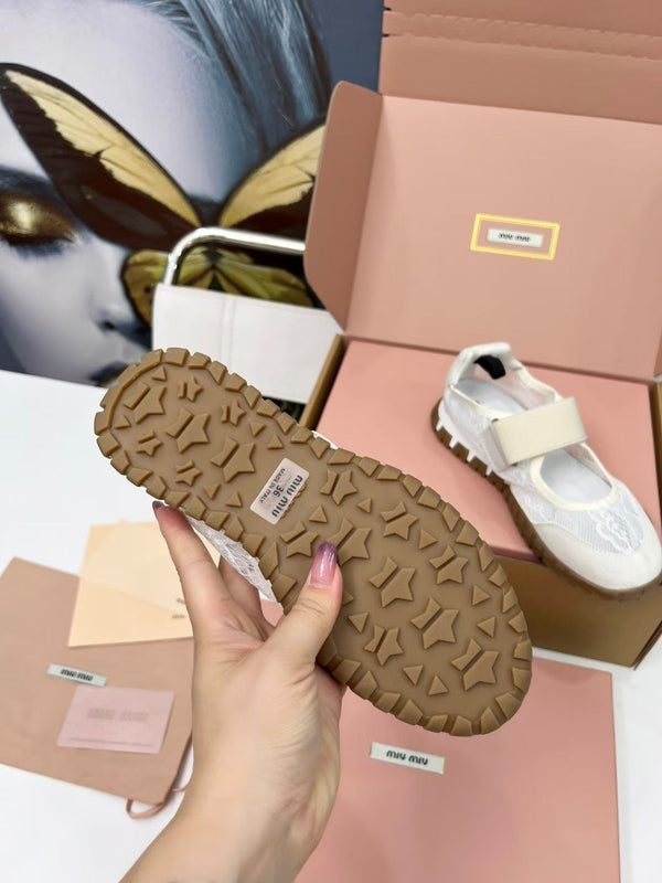 Miu Tyre Ballerina Shoes Beige Suede Lace 456345