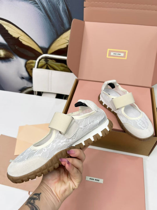 Miu Tyre Ballerina Shoes Beige Suede Lace 456345