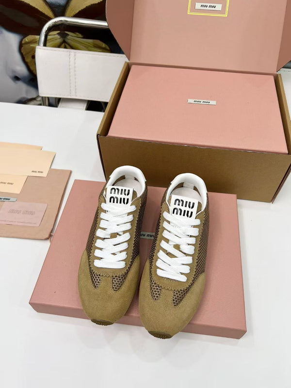 Miu Plume Sneakers Yellow-Brown Suede Lace 456346