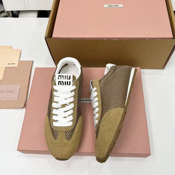 Miu Plume Sneakers Yellow-Brown Suede Lace 456346