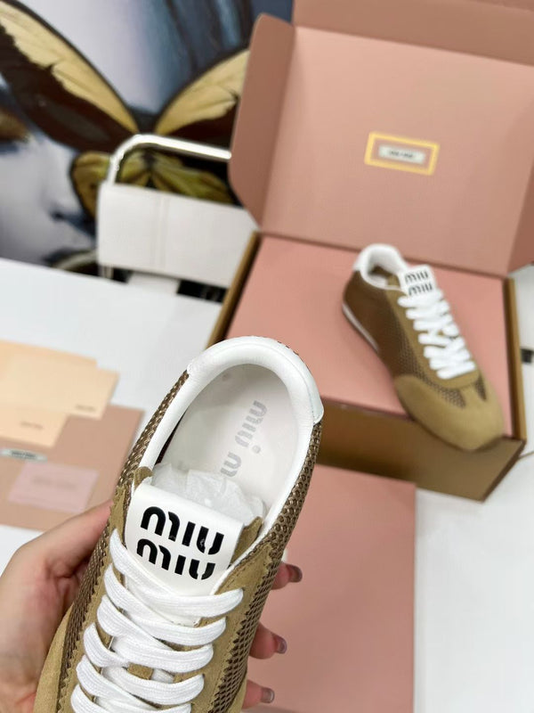 Miu Plume Sneakers Yellow-Brown Suede Lace 456346