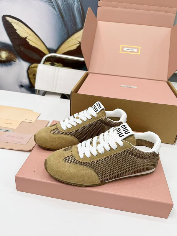 Miu Plume Sneakers Yellow-Brown Suede Lace 456346