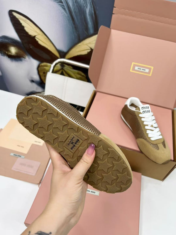 Miu Plume Sneakers Yellow-Brown Suede Lace 456346