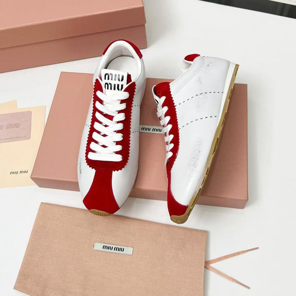 Miu Plume Sneakers Red White Cowhide Suede 456352