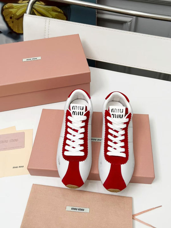 Miu Plume Sneakers Red White Cowhide Suede 456352