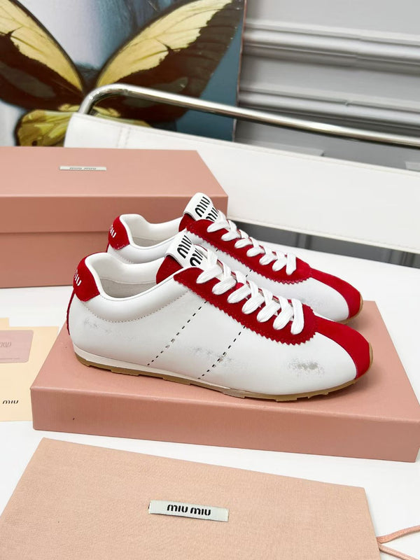 Miu Plume Sneakers Red White Cowhide Suede 456352
