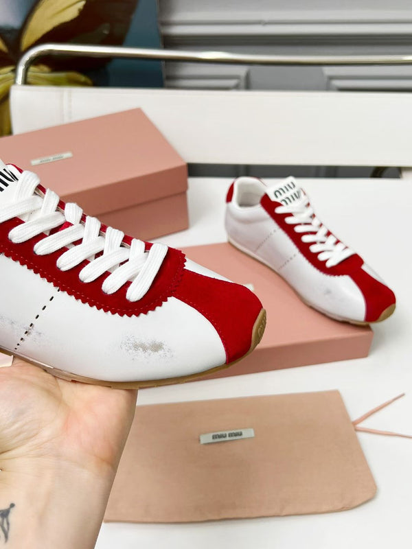 Miu Plume Sneakers Red White Cowhide Suede 456352