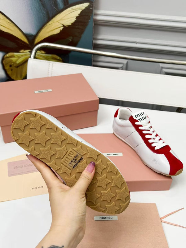 Miu Plume Sneakers Red White Cowhide Suede 456352