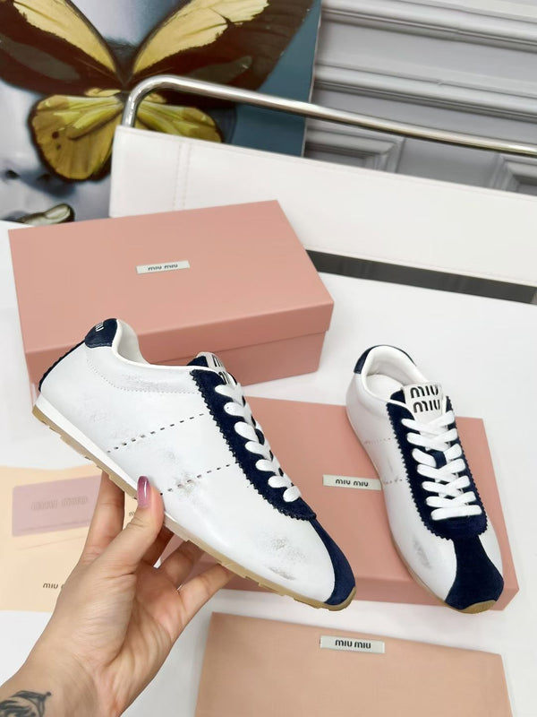 Miu Plume Sneakers Navy Blue White Cowhide Suede 456353