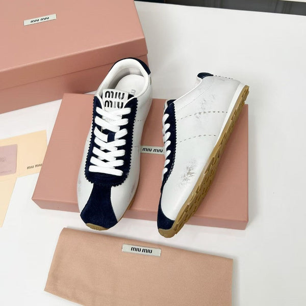 Miu Plume Sneakers Navy Blue White Cowhide Suede 456353