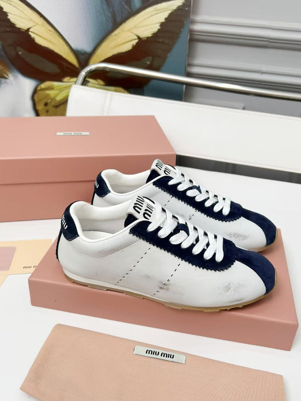 Miu Plume Sneakers Navy Blue White Cowhide Suede 456353