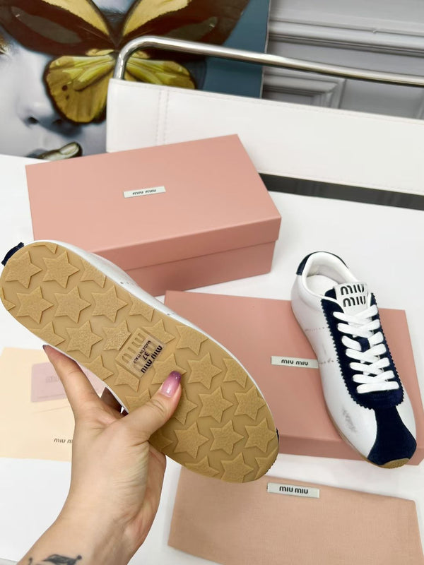 Miu Plume Sneakers Navy Blue White Cowhide Suede 456353