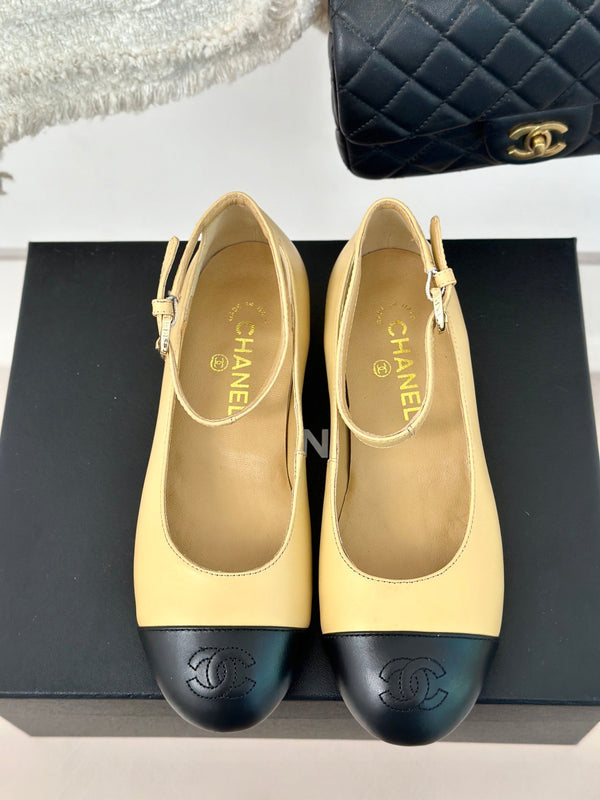 CC Mary Jane Beige Yellow Round Nose Lambskin