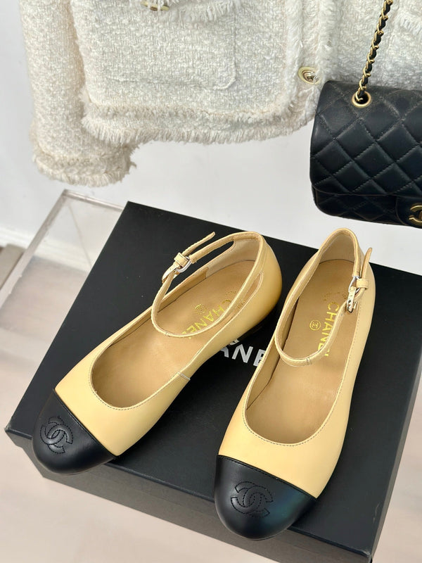 CC Mary Jane Beige Yellow Round Nose Lambskin