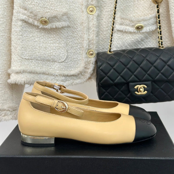 CC Mary Jane Beige Yellow Round Nose Lambskin