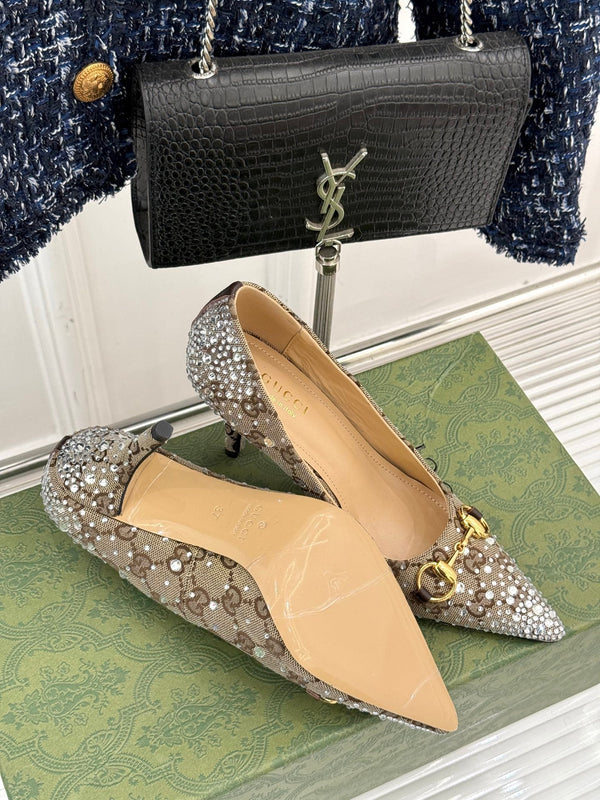 GG Pump 85 Beige Ebony Canvas Crystal-Embellished
