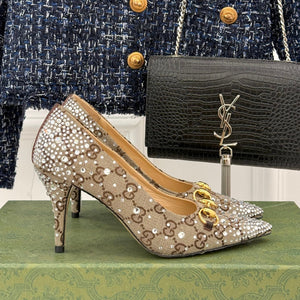 GG Pump 85 Beige Ebony Canvas Crystal-Embellished