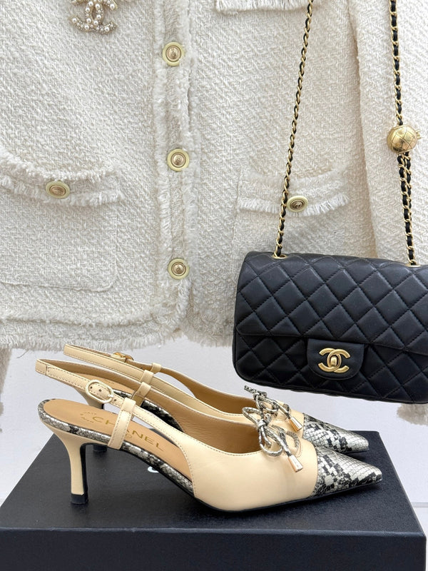 CC 25C Bowknot Slingback Sandal 60mm Beige Sheepskin Mix Python Pattern 265653