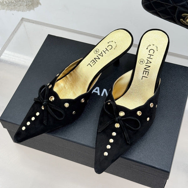 CC 25C Bowknot Pointed High Heel Half Slippers 60mm Black Suede 265657