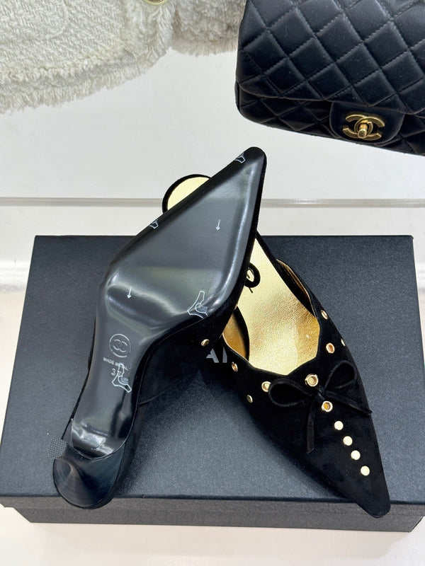 CC 25C Bowknot Pointed High Heel Half Slippers 60mm Black Suede 265657