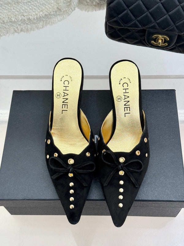 CC 25C Bowknot Pointed High Heel Half Slippers 60mm Black Suede 265657