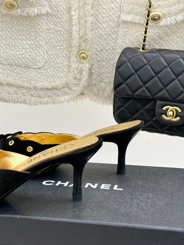 CC 25C Bowknot Pointed High Heel Half Slippers 60mm Black Suede 265657