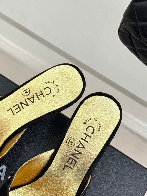 CC 25C Bowknot Pointed High Heel Half Slippers 60mm Black Suede 265657