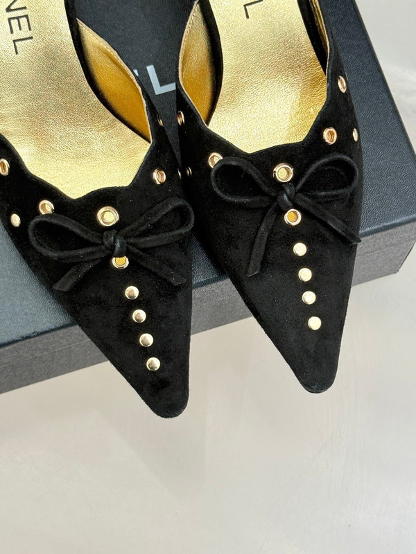 CC 25C Bowknot Pointed High Heel Half Slippers 60mm Black Suede 265657