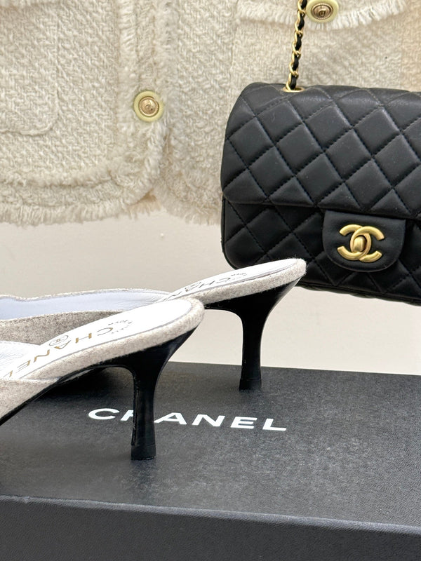 CC 25C Bowknot Pointed High Heel Half Slippers 60mm Beige Linen 265660