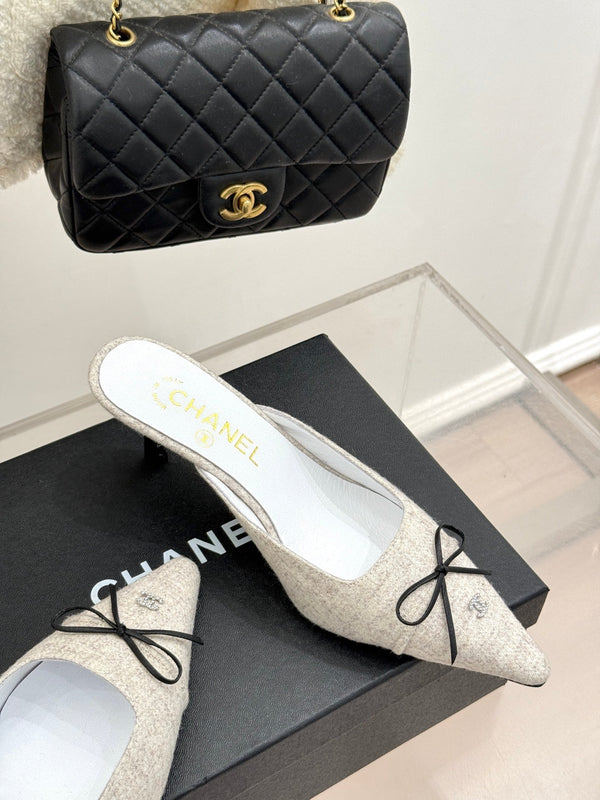 CC 25C Bowknot Pointed High Heel Half Slippers 60mm Beige Linen 265660