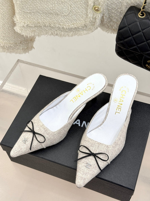 CC 25C Bowknot Pointed High Heel Half Slippers 60mm Beige Linen 265660