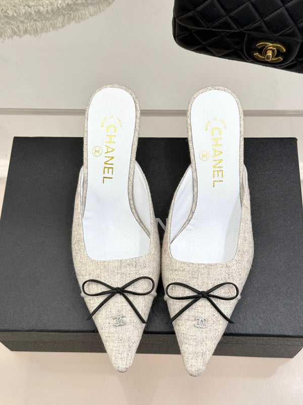 CC 25C Bowknot Pointed High Heel Half Slippers 60mm Beige Linen 265660