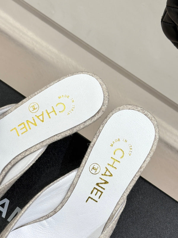 CC 25C Bowknot Pointed High Heel Half Slippers 60mm Beige Linen 265660