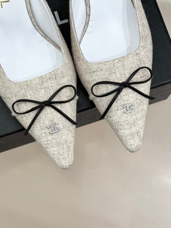 CC 25C Bowknot Pointed High Heel Half Slippers 60mm Beige Linen 265660