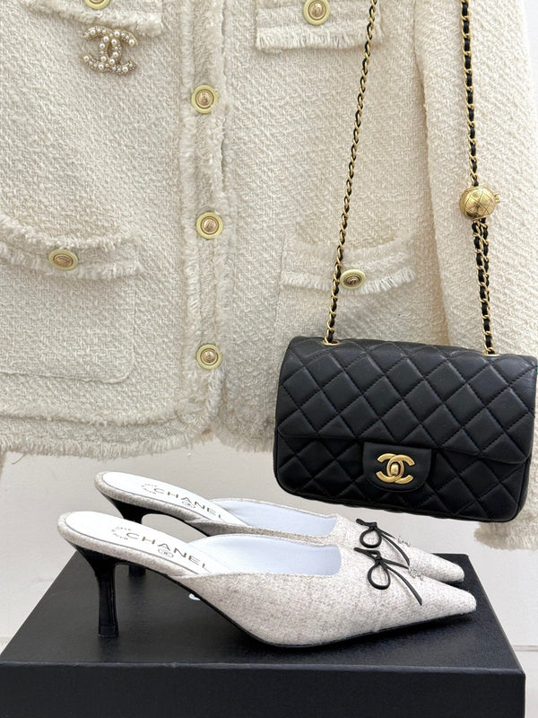 CC 25C Bowknot Pointed High Heel Half Slippers 60mm Beige Linen 265660