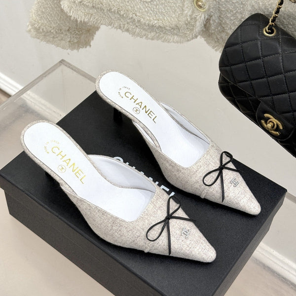 CC 25C Bowknot Pointed High Heel Half Slippers 60mm Beige Linen 265660