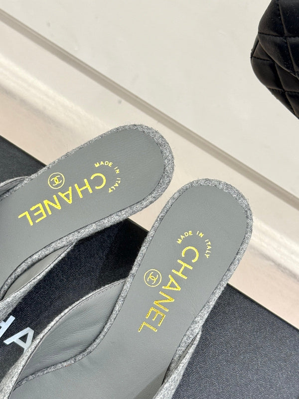 CC 25C Bowknot Pointed High Heel Half Slippers 60mm Grey Linen 265661