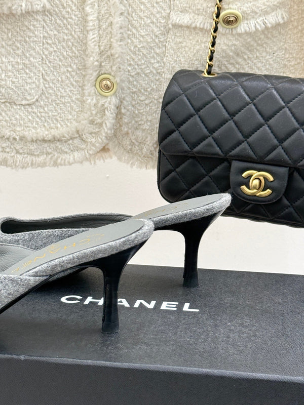 CC 25C Bowknot Pointed High Heel Half Slippers 60mm Grey Linen 265661