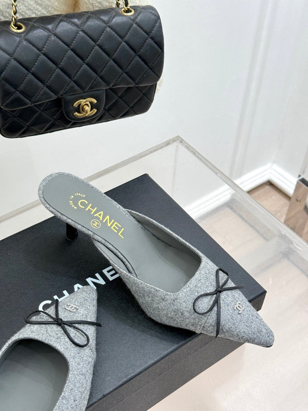 CC 25C Bowknot Pointed High Heel Half Slippers 60mm Grey Linen 265661