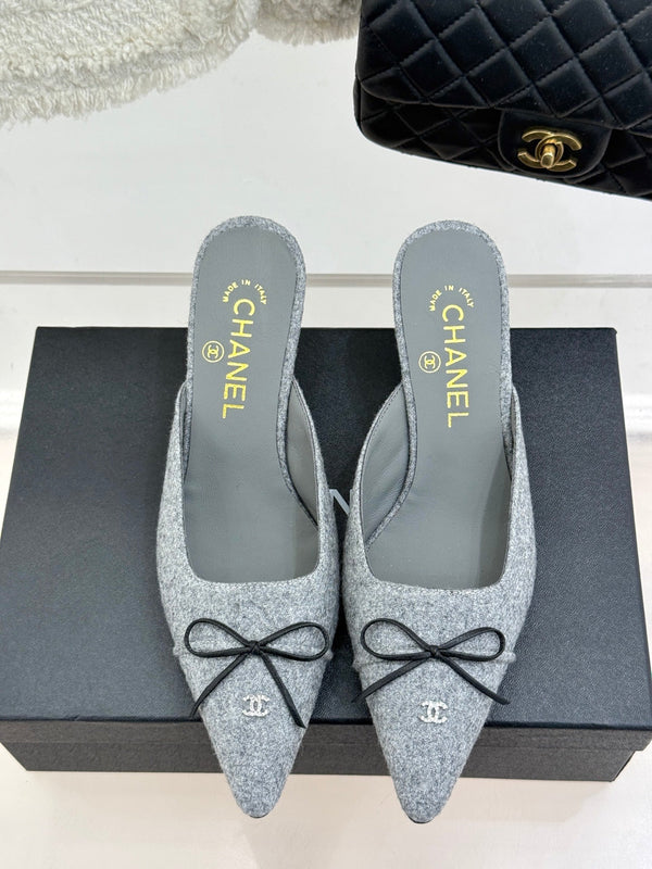 CC 25C Bowknot Pointed High Heel Half Slippers 60mm Grey Linen 265661