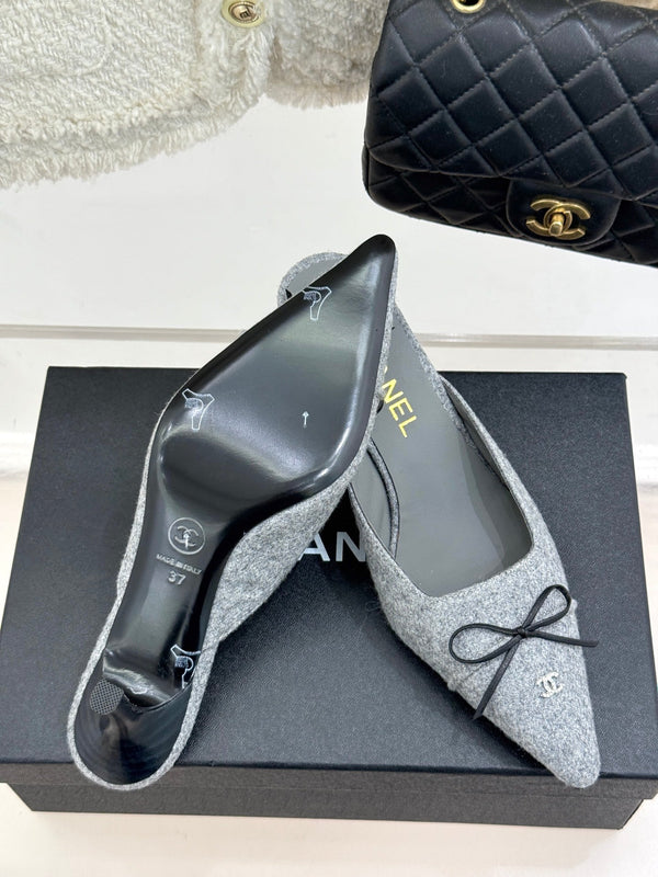 CC 25C Bowknot Pointed High Heel Half Slippers 60mm Grey Linen 265661