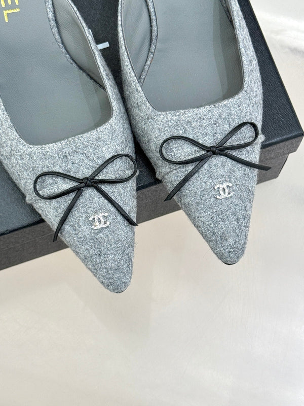 CC 25C Bowknot Pointed High Heel Half Slippers 60mm Grey Linen 265661