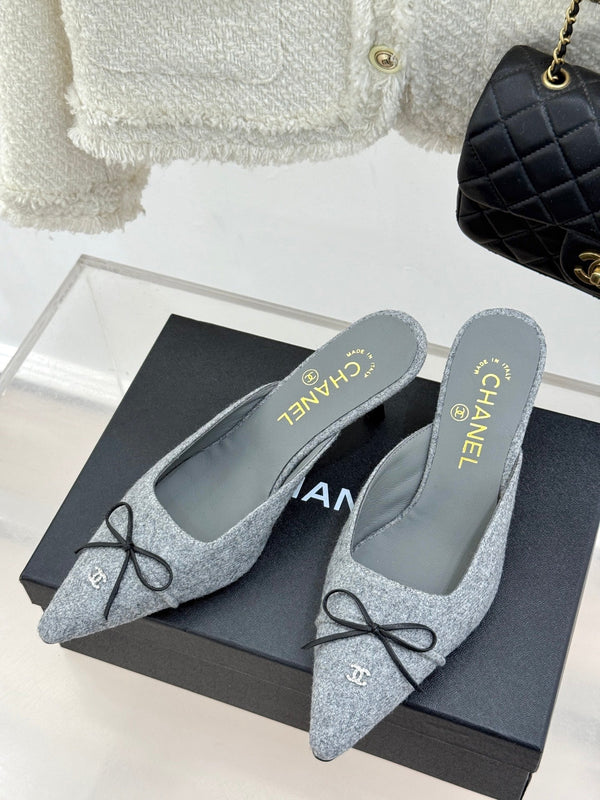 CC 25C Bowknot Pointed High Heel Half Slippers 60mm Grey Linen 265661