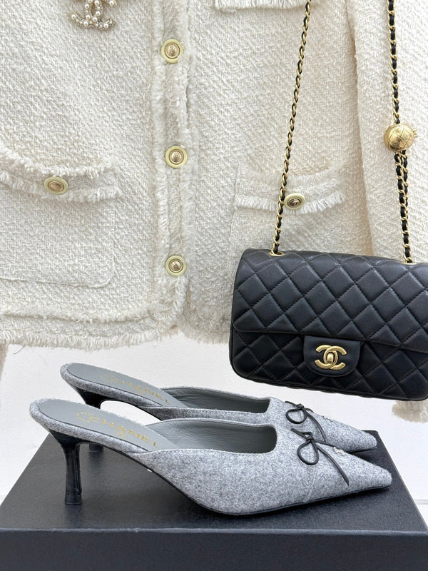 CC 25C Bowknot Pointed High Heel Half Slippers 60mm Grey Linen 265661