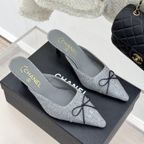 CC 25C Bowknot Pointed High Heel Half Slippers 60mm Grey Linen 265661