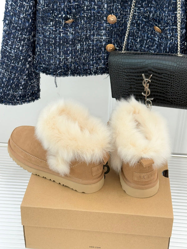 UGG Classic Ultra Mini Chalet Boots Warm Brown Suede Sheepskin Cuff 517488